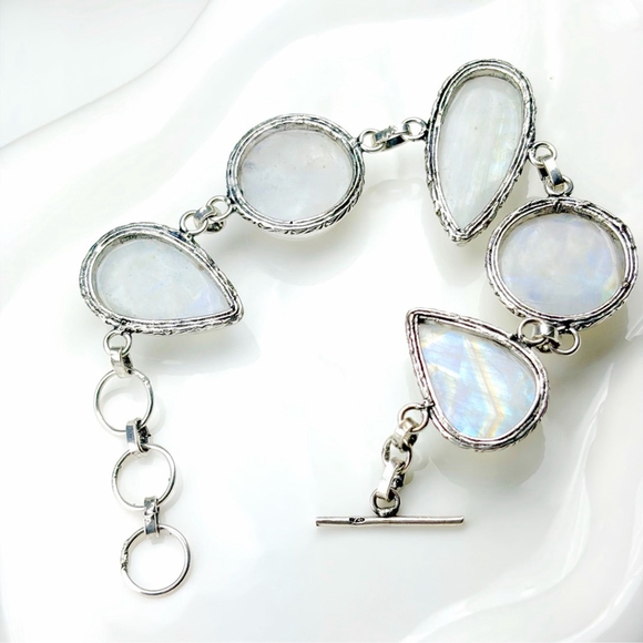 Rainbow Moonstone Extra Chunky Bracelet Pear Round Sterling Silver 925 Overlay - Picture 10 of 11